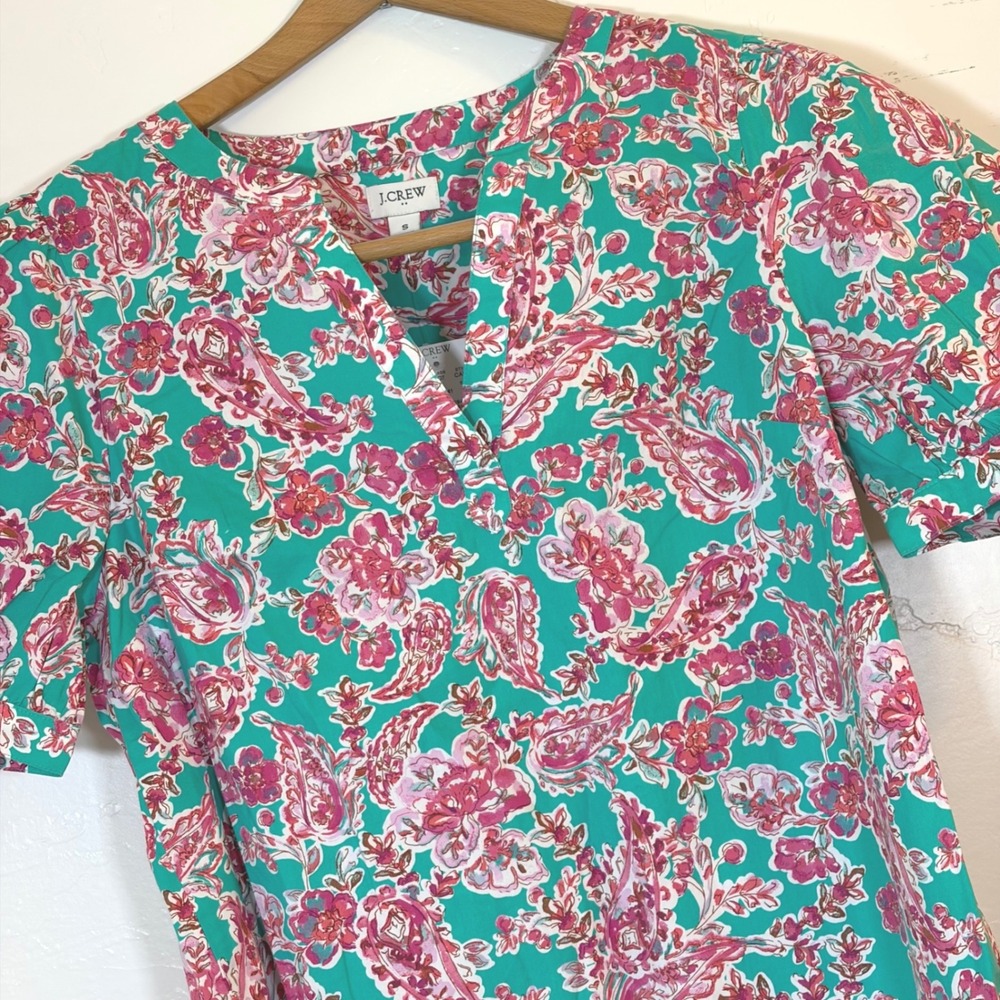 New J.Crew Womens Paisley Floral V-Neck Puff Sleeve Blouse Teal Pink S
